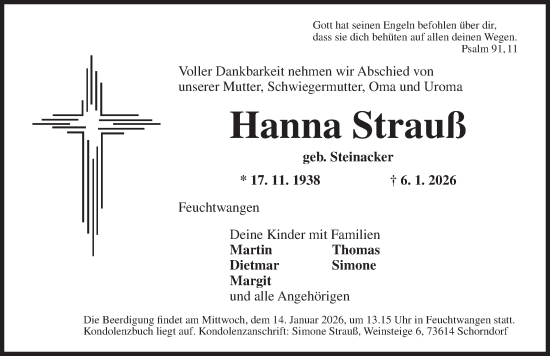 Traueranzeige von Hanna Strauß von Dinkelsbühl/ Feuchtwangen
