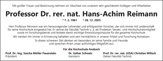 Traueranzeige von Hans-Achim Reimann von Ansbach