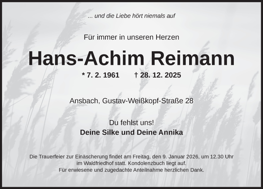  Traueranzeige für Hans-Achim Reimann vom 03.01.2026 aus Ansbach