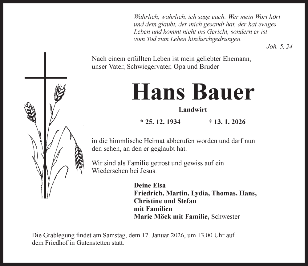  Traueranzeige für Hans Bauer vom 15.01.2026 aus Neustadt/ Scheinfeld/ Uffenheim