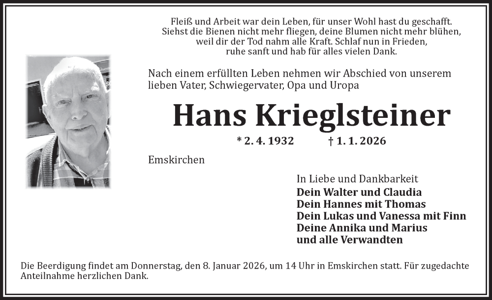  Traueranzeige für Hans Krieglsteiner vom 05.01.2026 aus Neustadt/ Scheinfeld/ Uffenheim