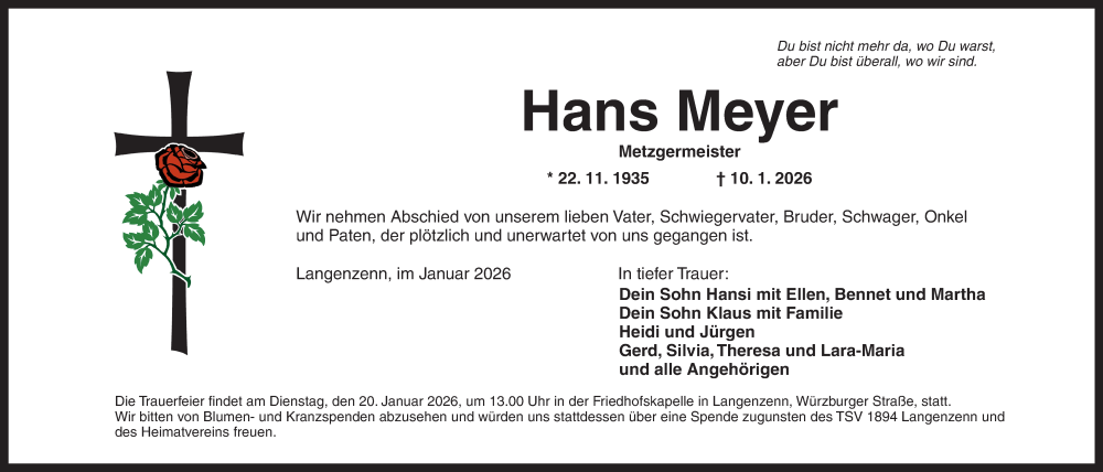  Traueranzeige für Hans Meyer vom 16.01.2026 aus Neustadt/ Scheinfeld/ Uffenheim