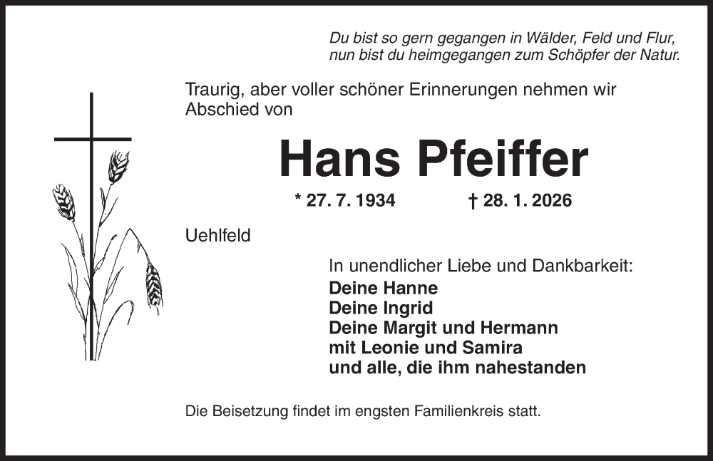  Traueranzeige für Hans Pfeiffer vom 31.01.2026 aus Neustadt/ Scheinfeld/ Uffenheim