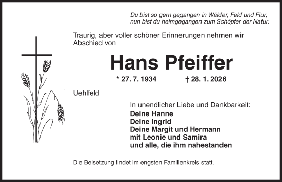 Traueranzeige von Hans Pfeiffer von Neustadt/ Scheinfeld/ Uffenheim