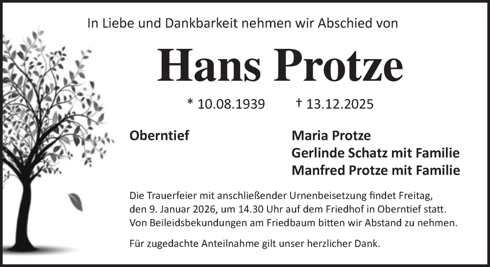  Traueranzeige für Hans Protze vom 05.01.2026 aus Neustadt/ Scheinfeld/ Uffenheim
