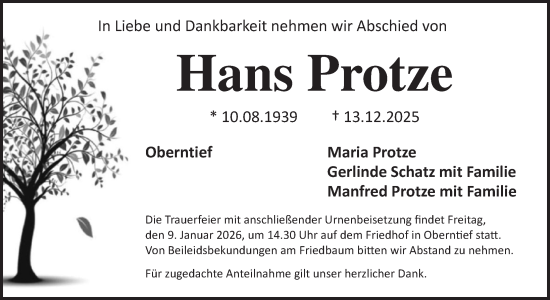 Traueranzeige von Hans Protze von Neustadt/ Scheinfeld/ Uffenheim