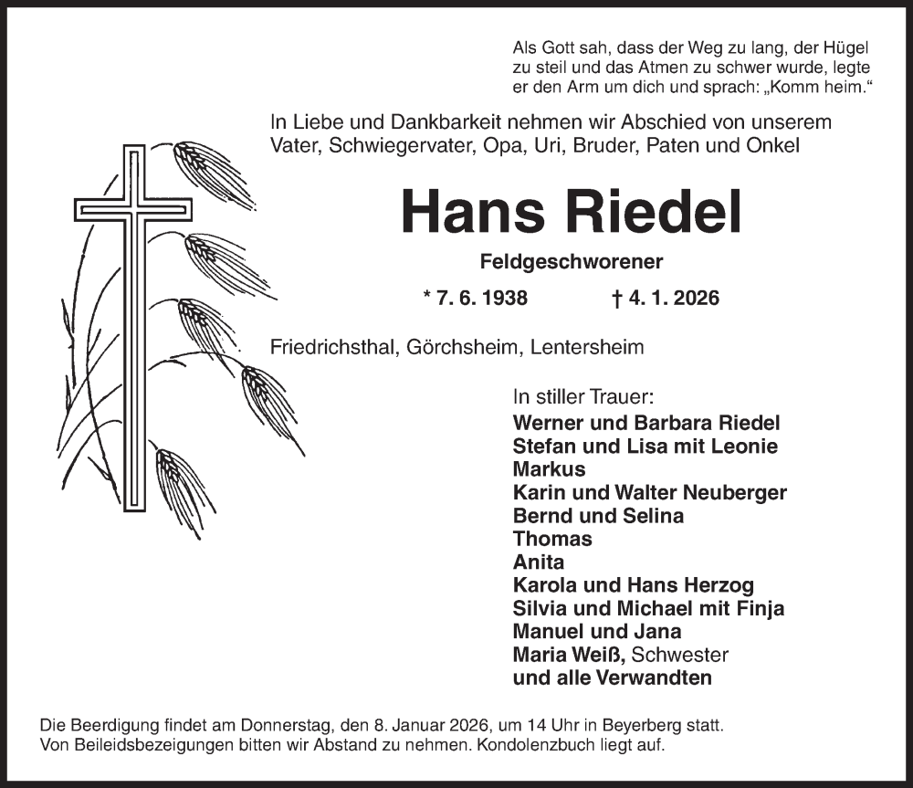  Traueranzeige für Hans Riedel vom 07.01.2026 aus Dinkelsbühl/ Feuchtwangen