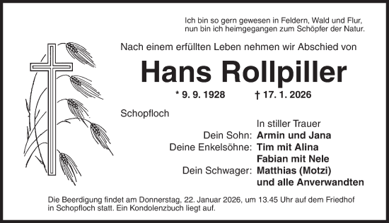 Traueranzeige von Hans Rollpiller von Dinkelsbühl/ Feuchtwangen