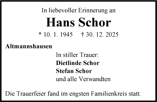 Traueranzeige von Hans Schor von Neustadt/ Scheinfeld/ Uffenheim