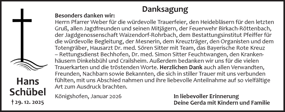  Traueranzeige für Hans Schübel vom 24.01.2026 aus Dinkelsbühl/ Feuchtwangen