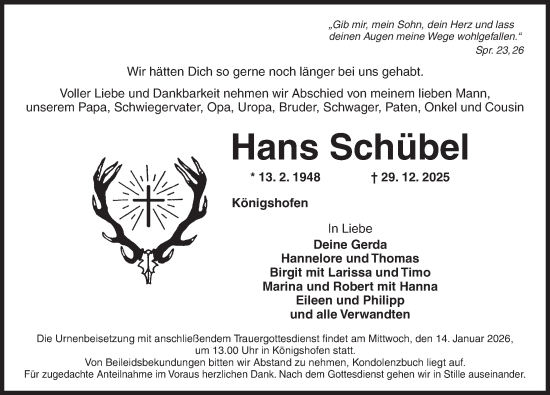 Traueranzeige von Hans Schübel von Dinkelsbühl/ Feuchtwangen