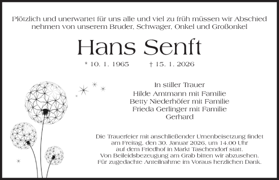 Traueranzeige von Hans Senft von Neustadt/ Scheinfeld/ Uffenheim