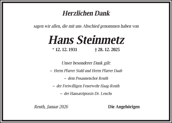 Traueranzeige von Hans Steinmetz von Ansbach