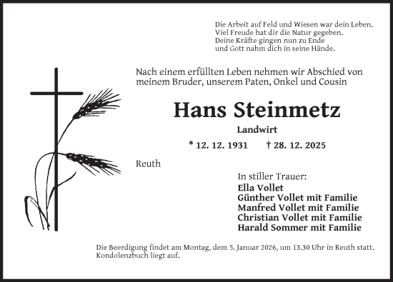 Traueranzeige von Hans Steinmetz von Ansbach