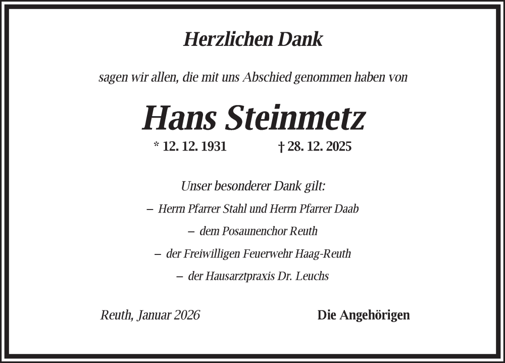  Traueranzeige für Hans Steinmetz vom 10.01.2026 aus Ansbach