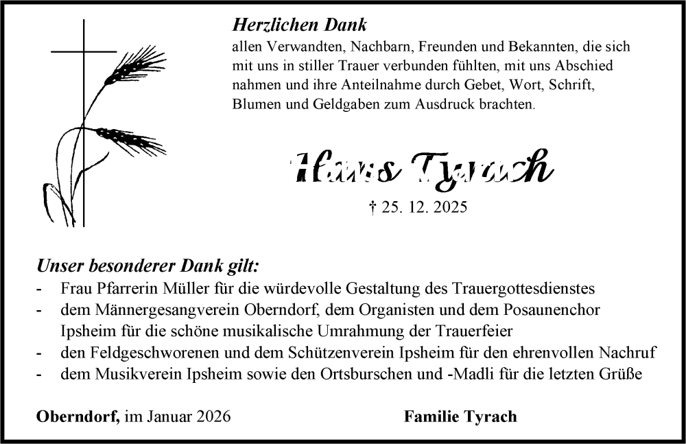  Traueranzeige für Hans Tyrach vom 24.01.2026 aus Neustadt/ Scheinfeld/ Uffenheim