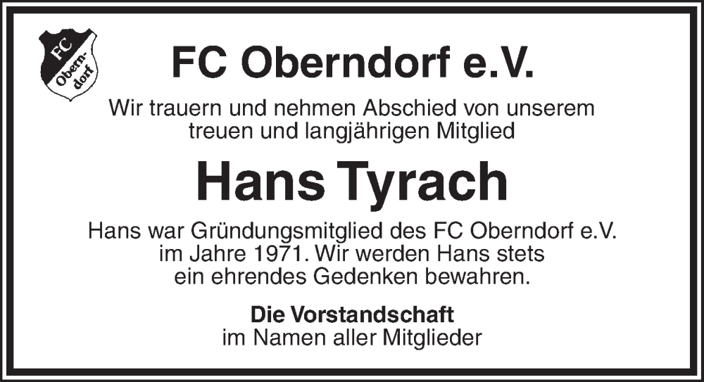  Traueranzeige für Hans Tyrach vom 10.01.2026 aus Neustadt/ Scheinfeld/ Uffenheim