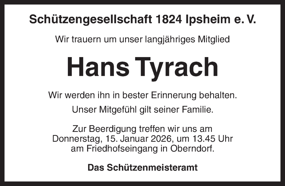  Traueranzeige für Hans Tyrach vom 13.01.2026 aus Neustadt/ Scheinfeld/ Uffenheim