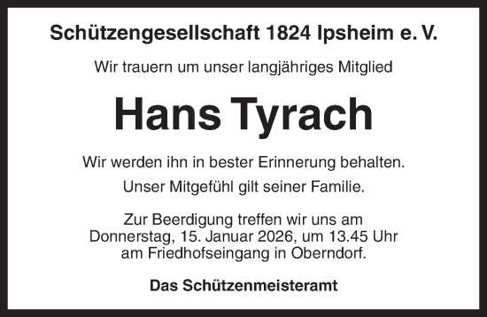 Traueranzeige von Hans Tyrach von Neustadt/ Scheinfeld/ Uffenheim