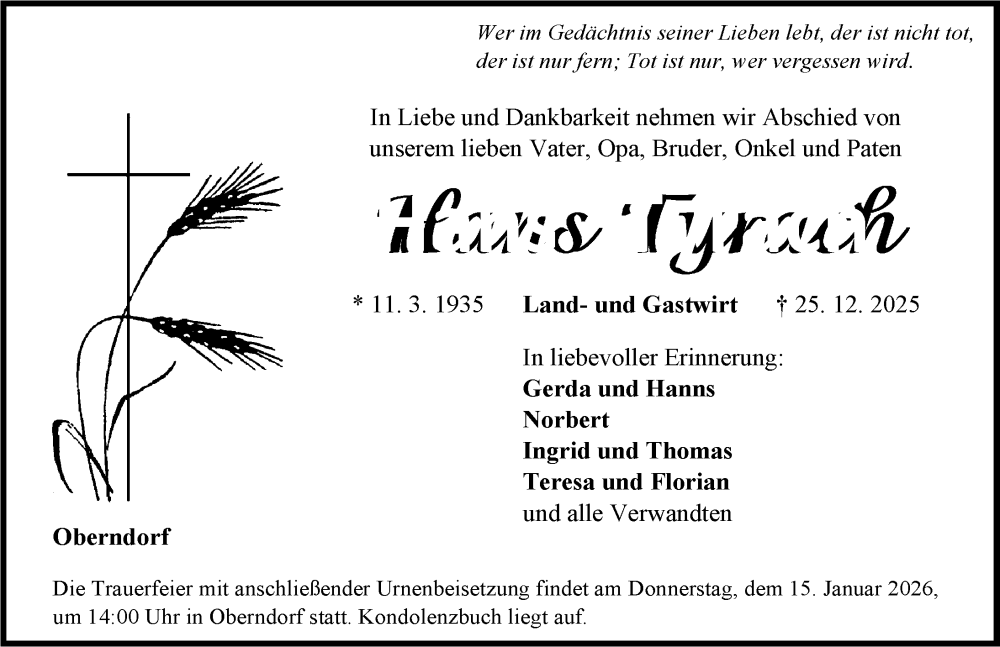 Traueranzeige für Hans Tyrach vom 10.01.2026 aus Neustadt/ Scheinfeld/ Uffenheim