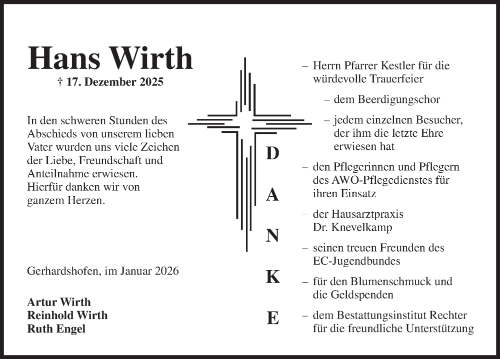  Traueranzeige für Hans Wirth vom 17.01.2026 aus Neustadt/ Scheinfeld/ Uffenheim