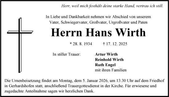 Traueranzeige von Hans Wirth von Neustadt/ Scheinfeld/ Uffenheim