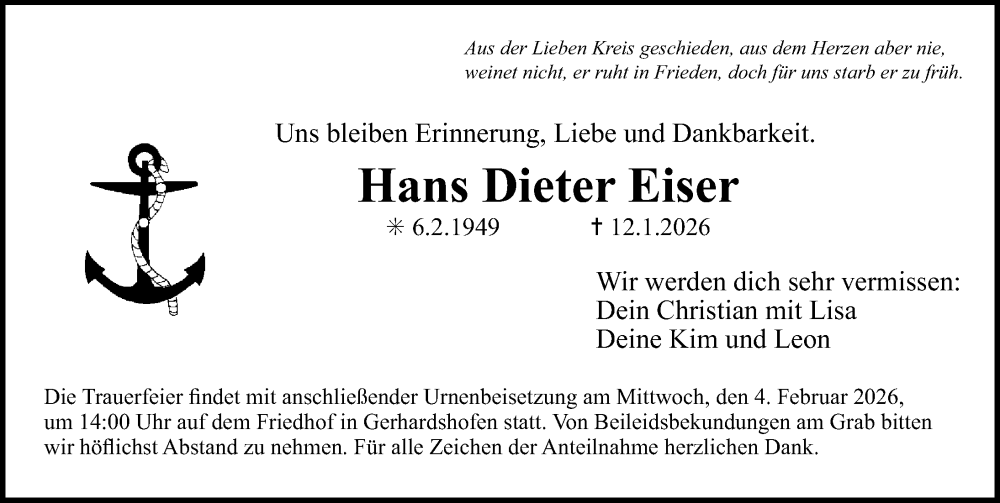  Traueranzeige für Hans Dieter Eiser vom 31.01.2026 aus Neustadt/ Scheinfeld/ Uffenheim