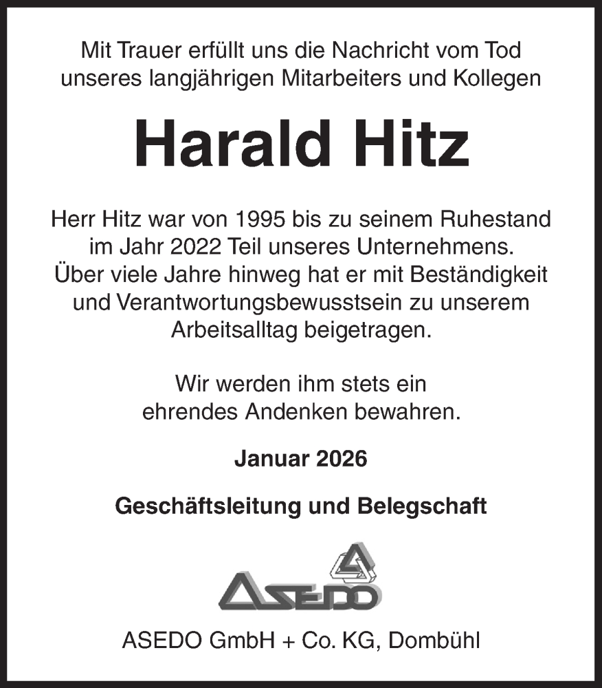  Traueranzeige für Harald Hitz vom 30.01.2026 aus Rothenburg