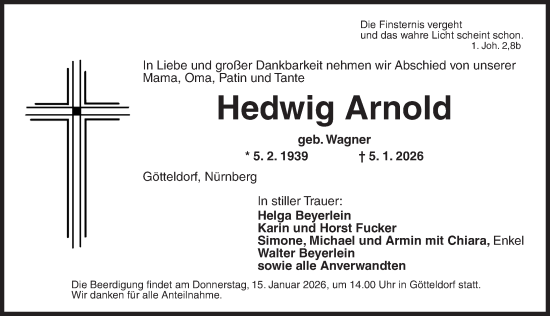 Traueranzeige von Hedwig Arnold von Ansbach