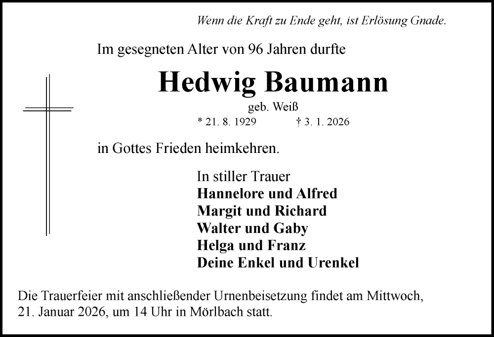  Traueranzeige für Hedwig Baumann vom 17.01.2026 aus Neustadt/ Scheinfeld/ Uffenheim