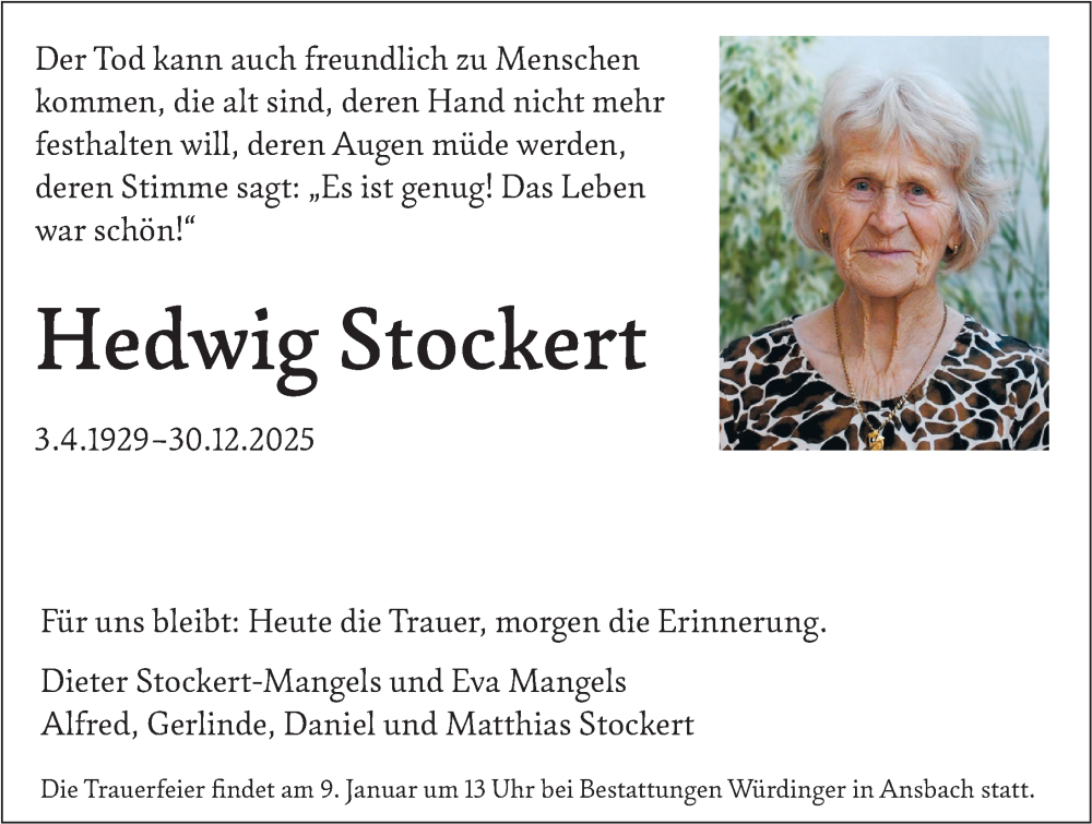  Traueranzeige für Hedwig Stockert vom 03.01.2026 aus Ansbach
