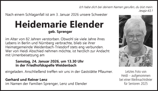 Traueranzeige von Heidemarie Elender von Ansbach