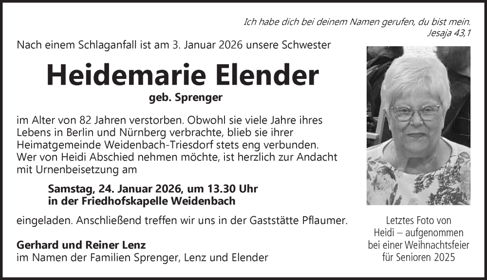  Traueranzeige für Heidemarie Elender vom 17.01.2026 aus Ansbach