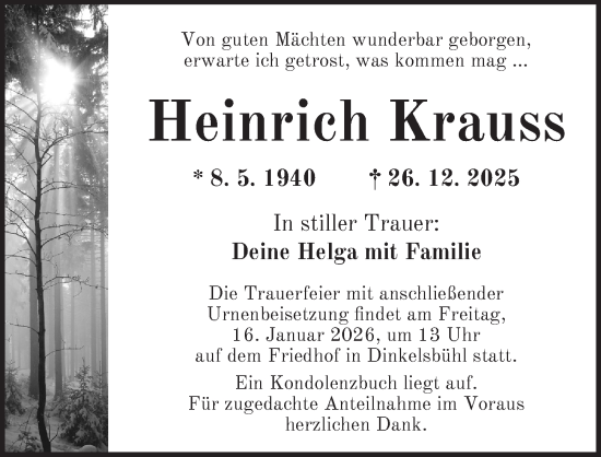 Traueranzeige von Heinrich Krauss von Dinkelsbühl/ Feuchtwangen