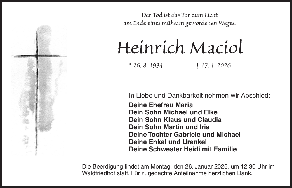  Traueranzeige für Heinrich Maciol vom 22.01.2026 aus Ansbach