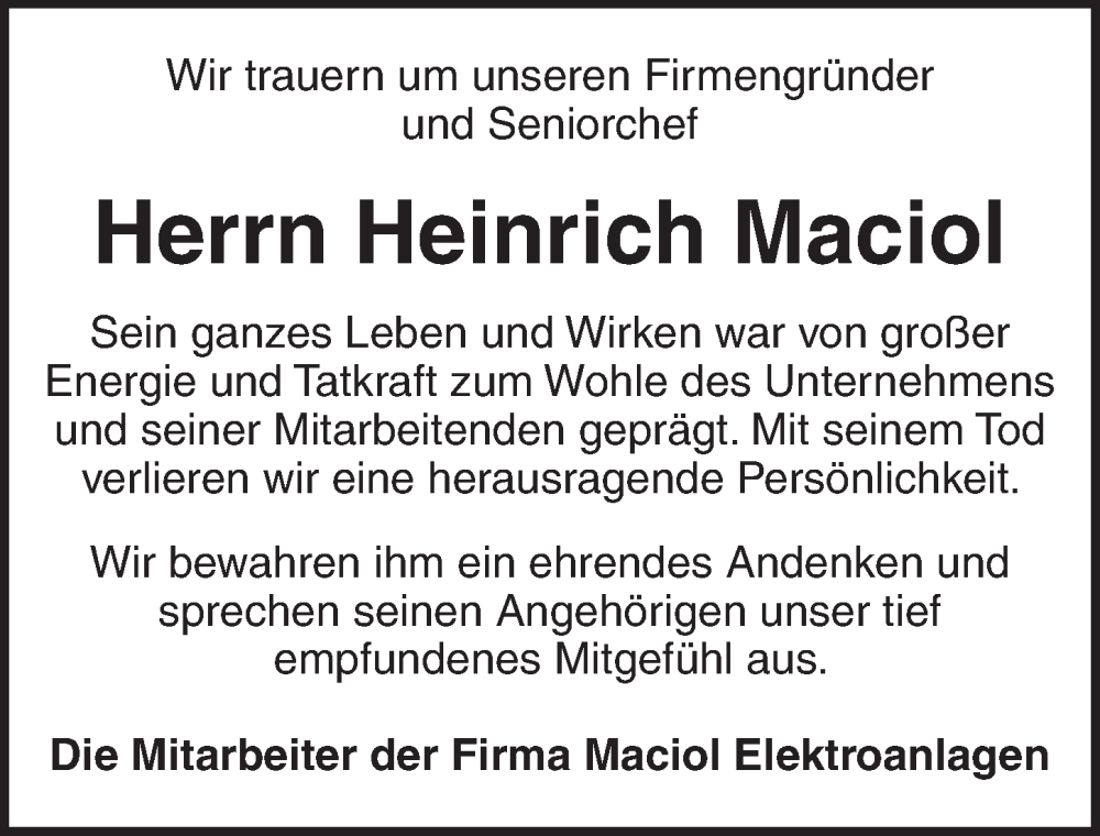  Traueranzeige für Heinrich Maciol vom 24.01.2026 aus Ansbach