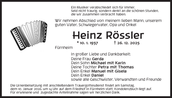 Traueranzeige von Heinz Rössler von Dinkelsbühl/ Feuchtwangen