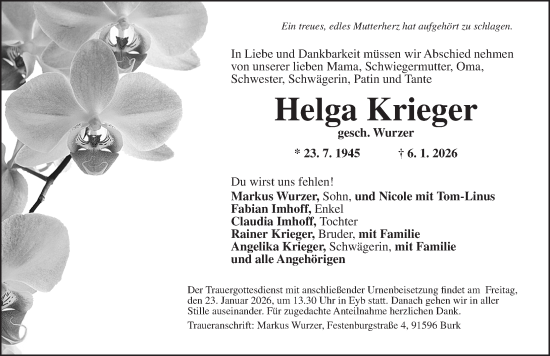 Traueranzeige von Helga Krieger von Ansbach