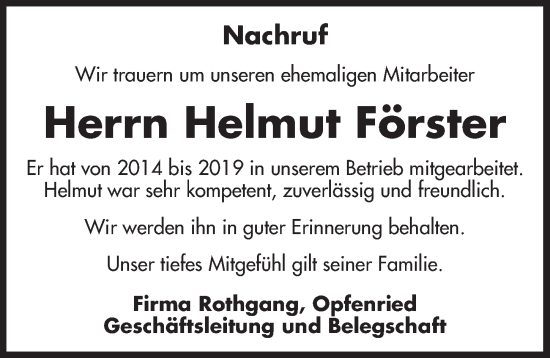 Traueranzeige von Helmut Förster von Dinkelsbühl/ Feuchtwangen