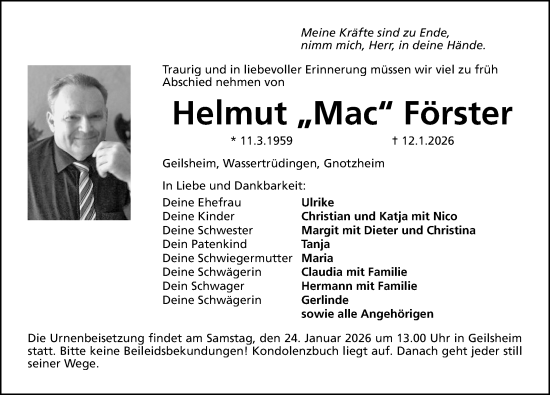 Traueranzeige von Helmut Förster von Dinkelsbühl/ Feuchtwangen