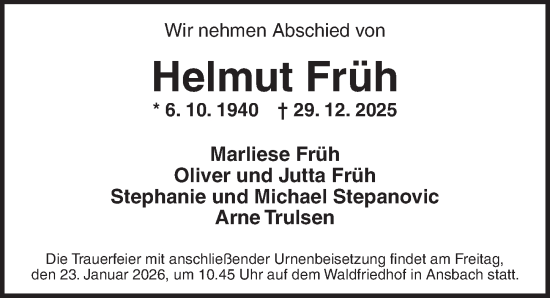 Traueranzeige von Helmut Früh von Ansbach