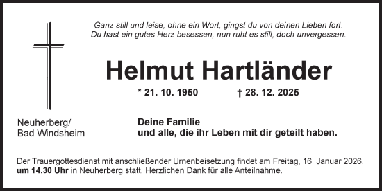 Traueranzeige von Helmut Hartländer von Neustadt/ Scheinfeld/ Uffenheim