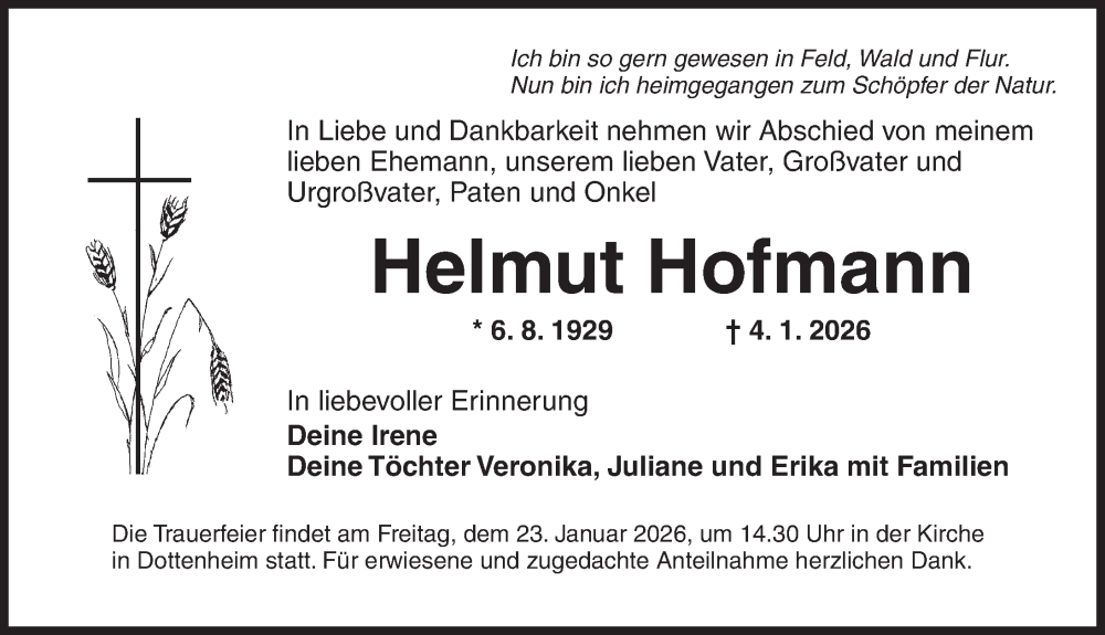  Traueranzeige für Helmut Hofmann vom 19.01.2026 aus Neustadt/ Scheinfeld/ Uffenheim