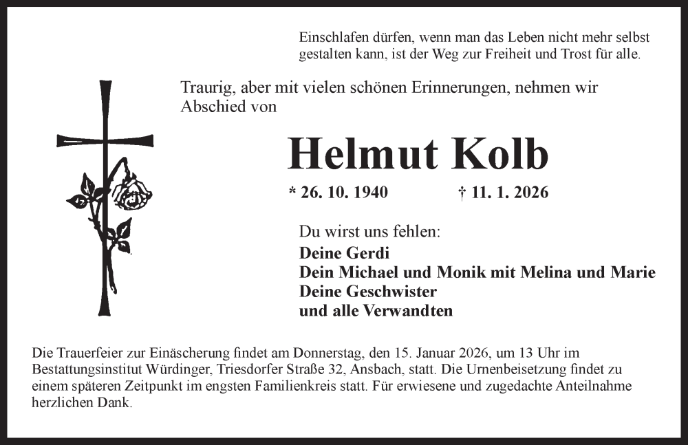  Traueranzeige für Helmut Kolb vom 13.01.2026 aus Ansbach