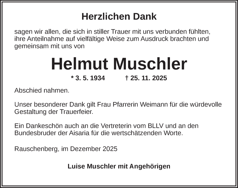  Traueranzeige für Helmut Muschler vom 27.12.2025 aus Neustadt/ Scheinfeld/ Uffenheim