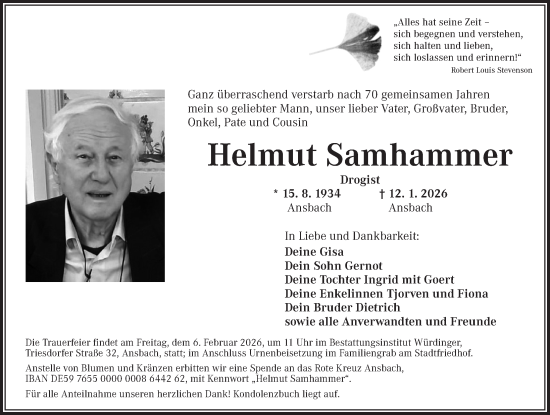Traueranzeige von Helmut Samhammer von Ansbach