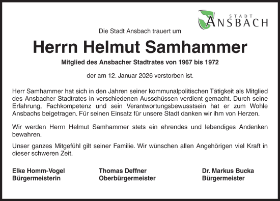 Traueranzeige von Helmut Samhammer von Ansbach