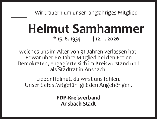 Traueranzeige von Helmut Samhammer von Ansbach