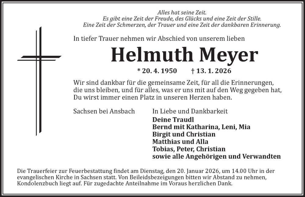  Traueranzeige für Helmuth Meyer vom 17.01.2026 aus Ansbach
