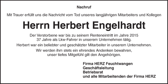 Traueranzeige von Herbert Engelhardt von Dinkelsbühl/ Feuchtwangen